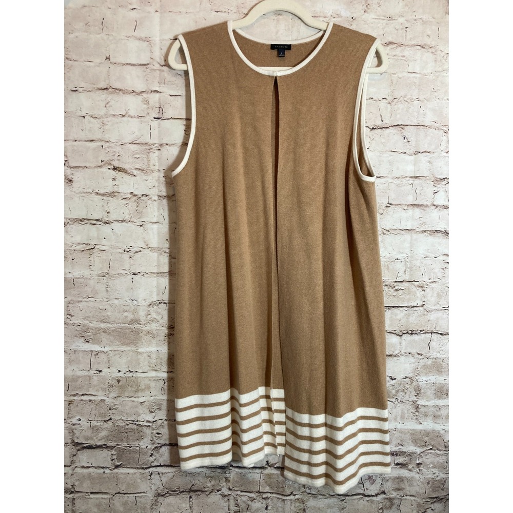 Talbots Womens Large Camel Brown Striped Open Front Sleeveless Duster Sweater